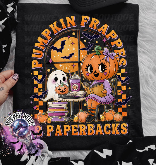 Pumpkin Frappes and Paperbacks Shirt | Cute Halloween Ghost & Pumpkin T-Shirt | Spooky Fall Coffee Book Lover Tee | Retro Autumn Graphic