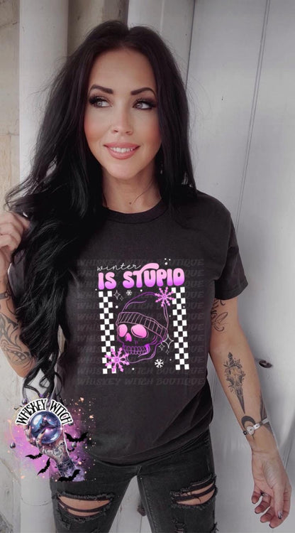 Winter Is Stupid Shirt • Pink Skull Checkered • Unisex Tee or Crewneck • Goth/Grunge Winter Graphic Anti-Winter