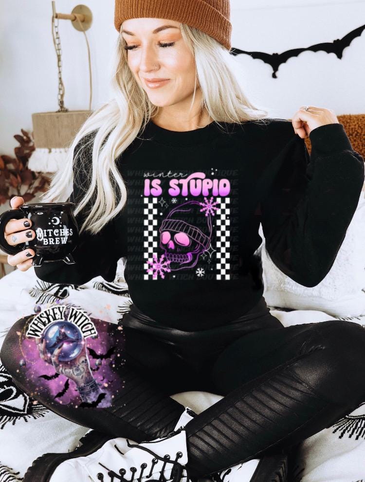 Winter Is Stupid Shirt • Pink Skull Checkered • Unisex Tee or Crewneck • Goth/Grunge Winter Graphic Anti-Winter