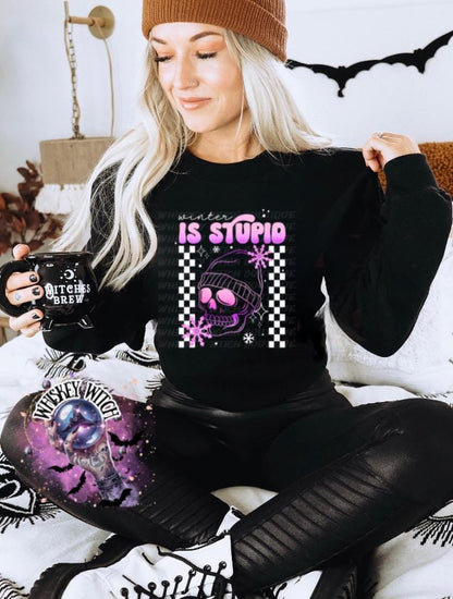 Winter Is Stupid Shirt • Pink Skull Checkered • Unisex Tee or Crewneck • Goth/Grunge Winter Graphic Anti-Winter