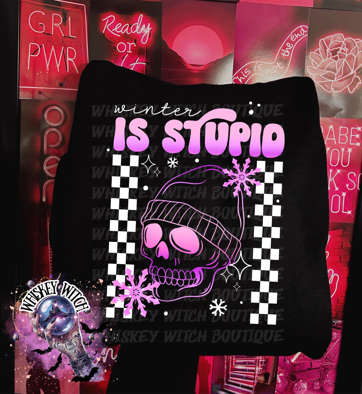 Winter Is Stupid Shirt • Pink Skull Checkered • Unisex Tee or Crewneck • Goth/Grunge Winter Graphic Anti-Winter