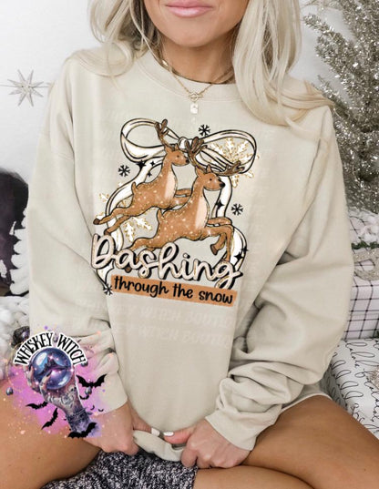 Cute Dashing Through the Snow Retro Reindeer Sweatshirt or T Shirt, Neutral Reindeer Christmas Top, Cozy Holiday Graphic Tee and Crewneck