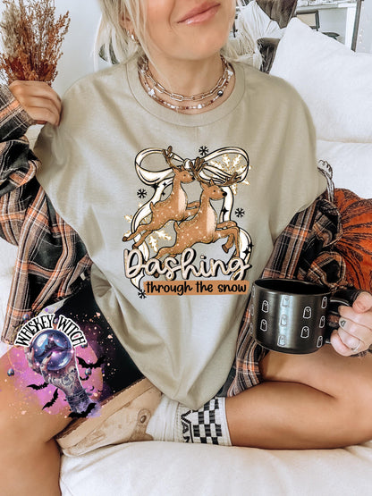 Cute Dashing Through the Snow Retro Reindeer Sweatshirt or T Shirt, Neutral Reindeer Christmas Top, Cozy Holiday Graphic Tee and Crewneck