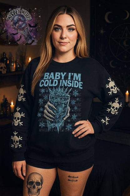 Baby I'm Cold Inside Unisex Sweatshirt, Goth Winter Skull Pullover, Witchy Iced Coffee Crewneck, Spooky Gift for Her Him