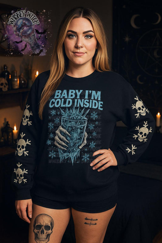 Baby I'm Cold Inside Unisex Sweatshirt, Goth Winter Skull Pullover, Witchy Iced Coffee Crewneck, Spooky Gift for Her Him
