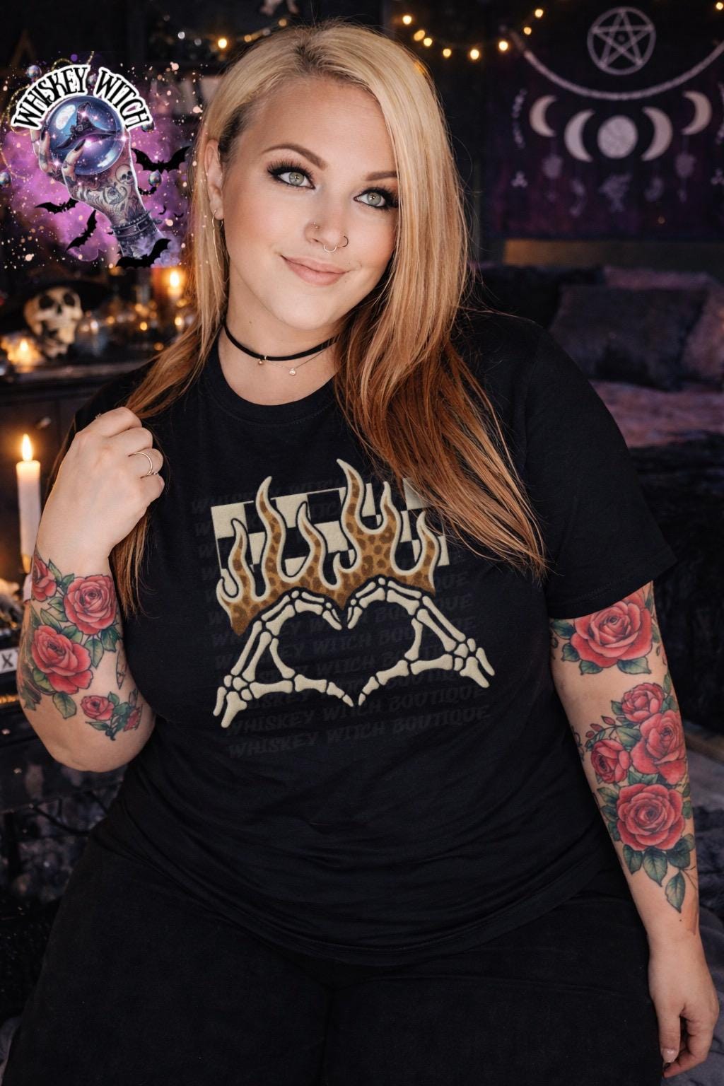 Checkered Skeleton Hands Love Flame Graphic T-Shirt, Goth girl Tee, Unisex Cotton Shirt, witchy alternative shirt