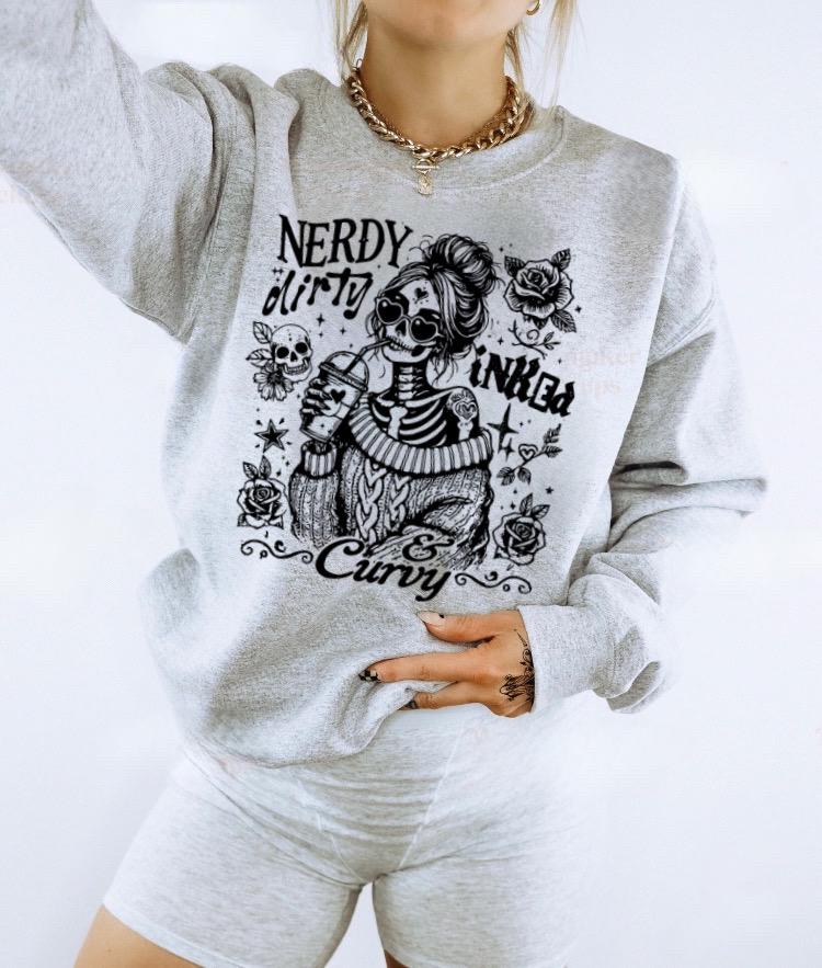 Body Positive Tattoo Shirt, Nerdy Dirty Inked Curvy Graphic Tee, funny alternative skeleton girl