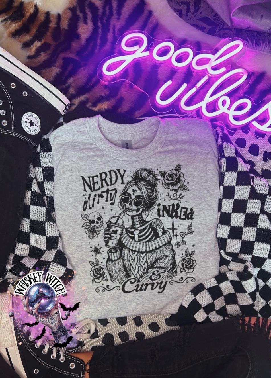 Body Positive Tattoo Shirt, Nerdy Dirty Inked Curvy Graphic Tee, funny alternative skeleton girl