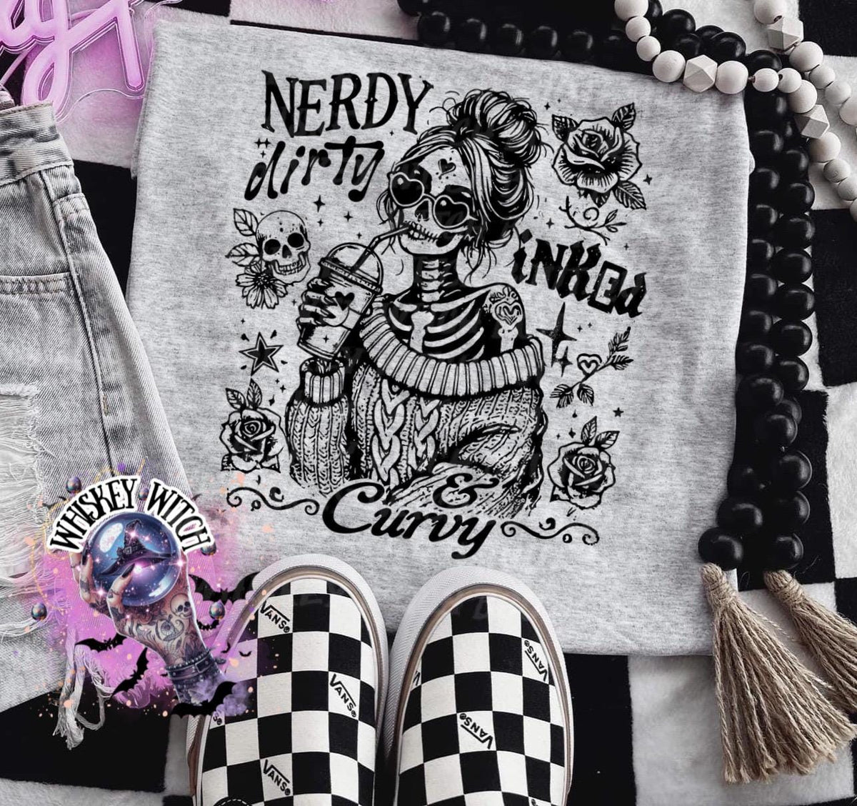 Body Positive Tattoo Shirt, Nerdy Dirty Inked Curvy Graphic Tee, funny alternative skeleton girl