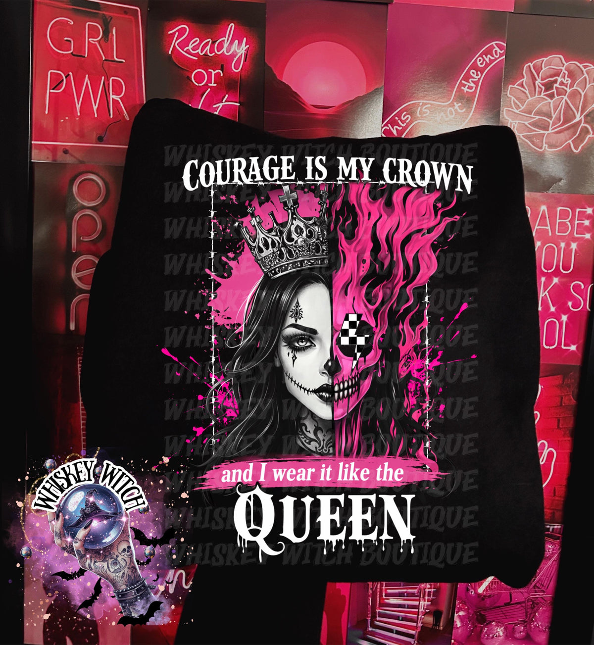 Lifestyle flat lay of gothic quote shirt styled with checkerboard shoes, bracelet, and pink aesthetic background for an edgy outfit vibe.