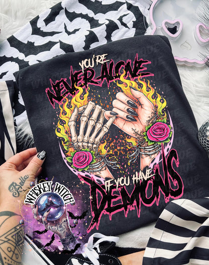 You’re Never Alone If You Have Demons Shirt, Goth Witchy Graphic Tee or Sweatshirt, Skeleton Hand Pinky Swear, Spooky Quote