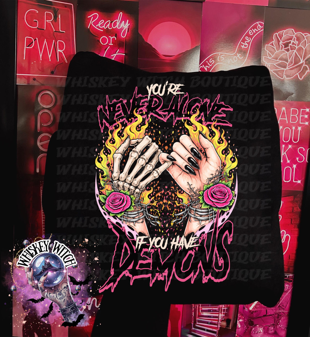 You’re Never Alone If You Have Demons Shirt, Goth Witchy Graphic Tee or Sweatshirt, Skeleton Hand Pinky Swear, Spooky Quote