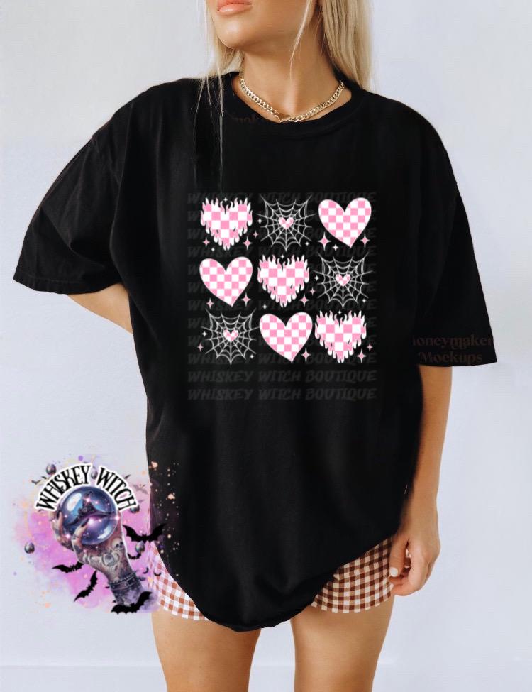 Valentine Goth Hearts Shirt, Pink Checkered Hearts & Spiderweb Graphic Tee, Witchy Cute Cupid Shirt, Trendy Alt Valentine Top, Gift for Her