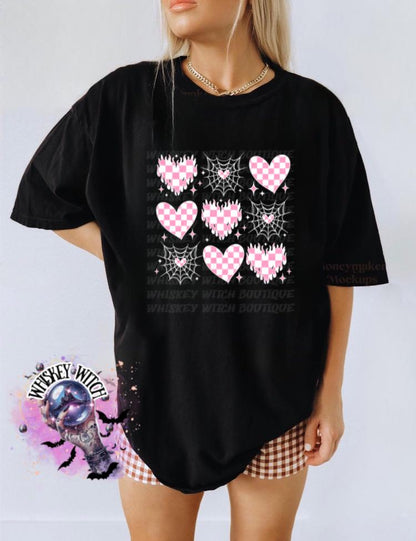 Valentine Goth Hearts Shirt, Pink Checkered Hearts & Spiderweb Graphic Tee, Witchy Cute Cupid Shirt, Trendy Alt Valentine Top, Gift for Her