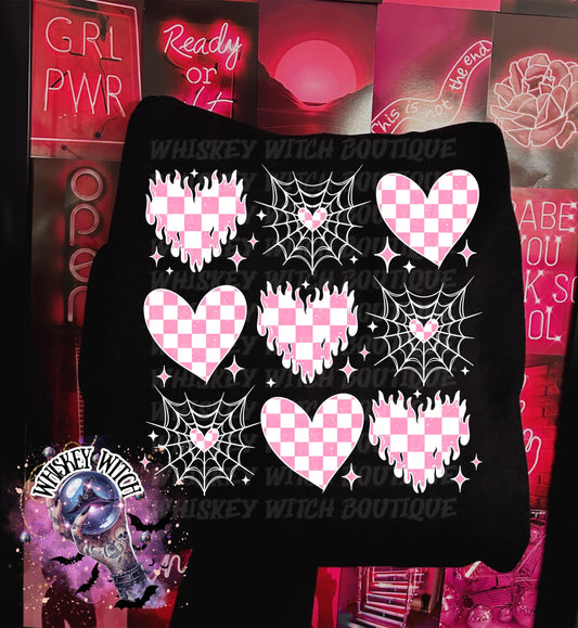 Valentine Goth Hearts Shirt, Pink Checkered Hearts & Spiderweb Graphic Tee, Witchy Cute Cupid Shirt, Trendy Alt Valentine Top, Gift for Her