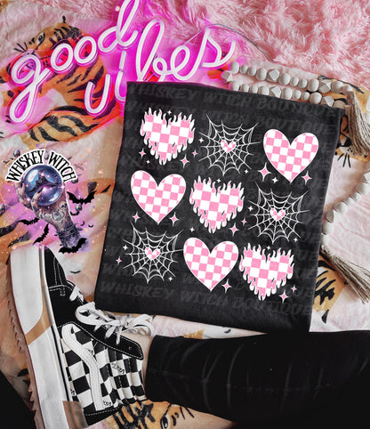 Valentine Goth Hearts Shirt, Pink Checkered Hearts & Spiderweb Graphic Tee, Witchy Cute Cupid Shirt, Trendy Alt Valentine Top, Gift for Her