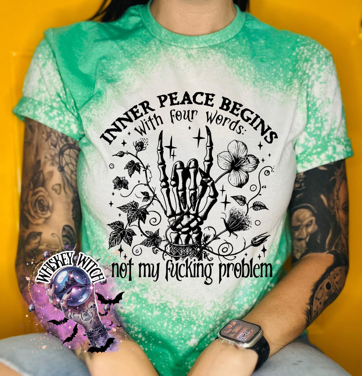 Inner Peace Begins Not My Problem Shirt, Bleached Sublimation Tee, Witchy Skeleton Hand Graphic, Funny Sarcastic Goth Shirt, Gildan Bleached