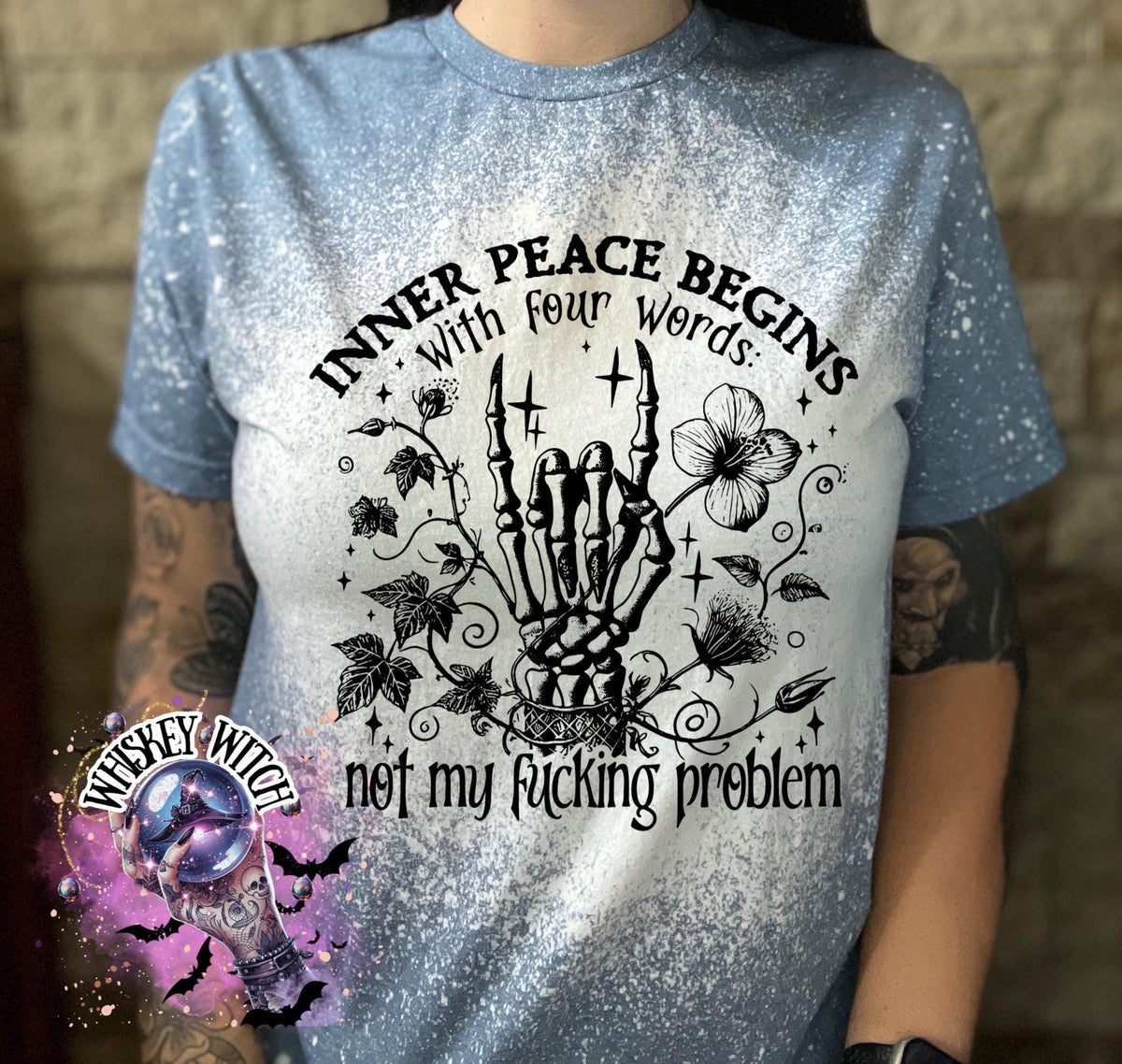 Inner Peace Begins Not My Problem Shirt, Bleached Sublimation Tee, Witchy Skeleton Hand Graphic, Funny Sarcastic Goth Shirt, Gildan Bleached