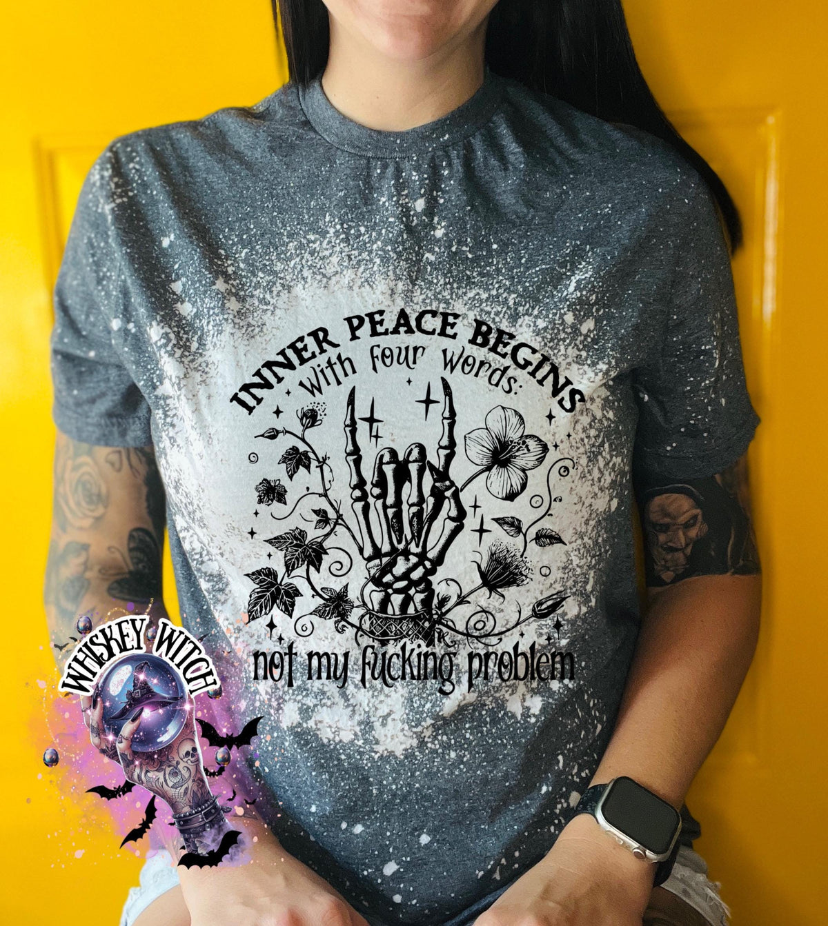 Inner Peace Begins Not My Problem Shirt, Bleached Sublimation Tee, Witchy Skeleton Hand Graphic, Funny Sarcastic Goth Shirt, Gildan Bleached