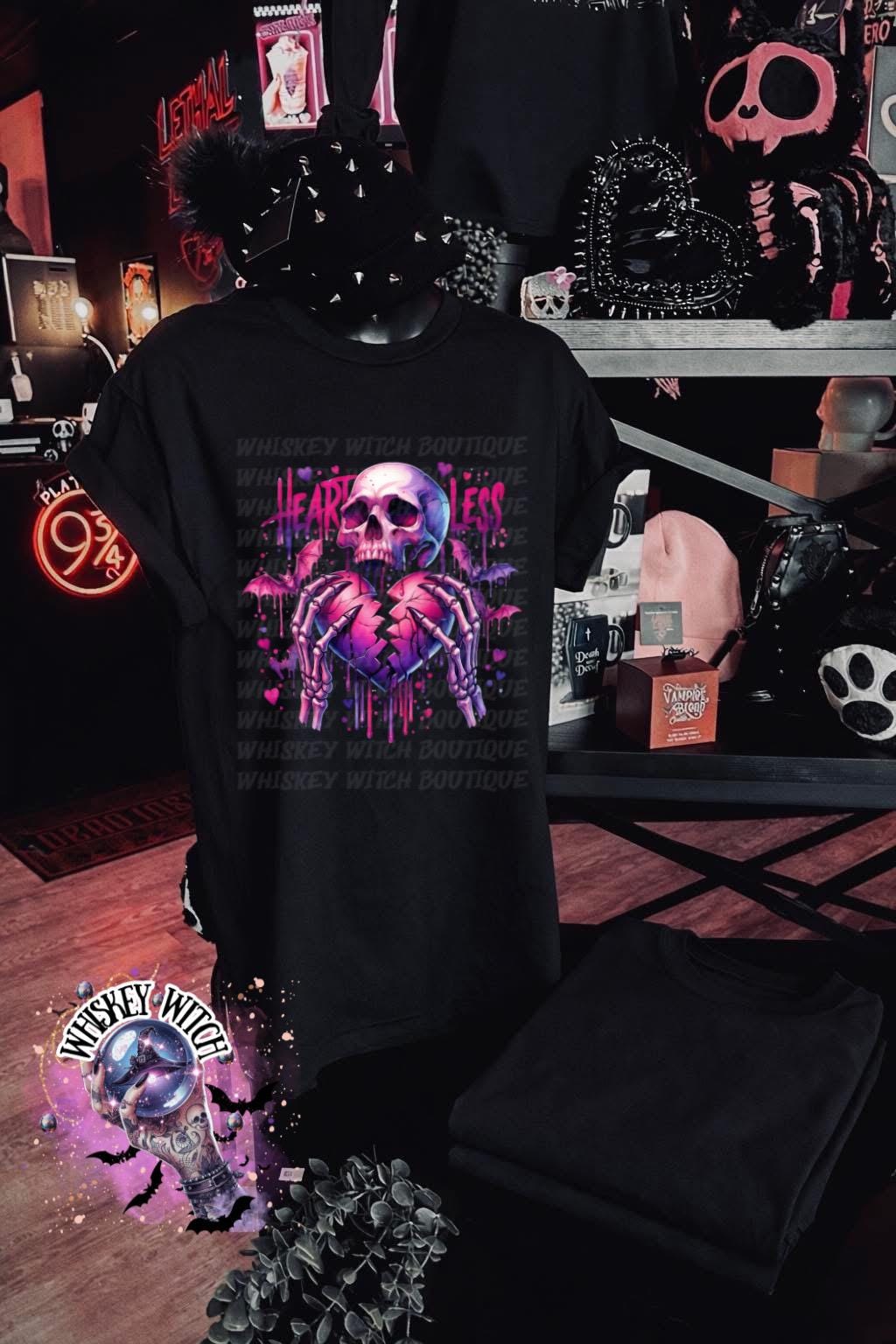 Heartless Skull Graphic Tee, Pink Goth Valentine Shirt