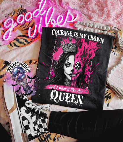 Lifestyle flat lay of gothic quote shirt styled with checkerboard shoes, bracelet, and pink aesthetic background for an edgy outfit vibe.