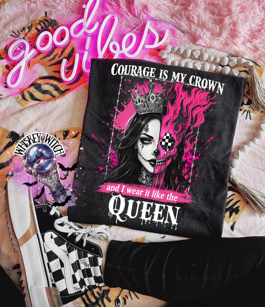 Lifestyle flat lay of gothic quote shirt styled with checkerboard shoes, bracelet, and pink aesthetic background for an edgy outfit vibe.