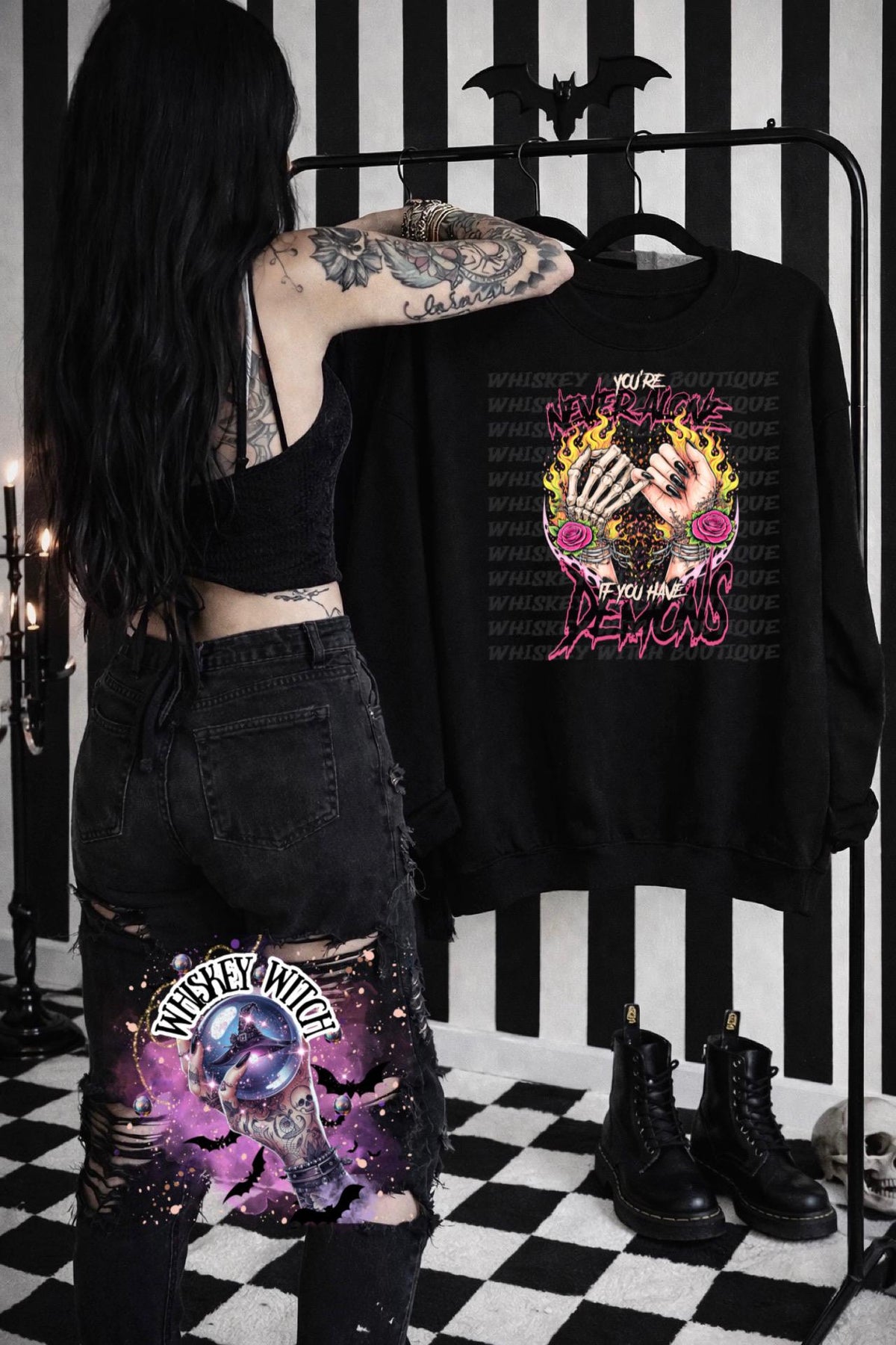 You’re Never Alone If You Have Demons Shirt, Goth Witchy Graphic Tee or Sweatshirt, Skeleton Hand Pinky Swear, Spooky Quote