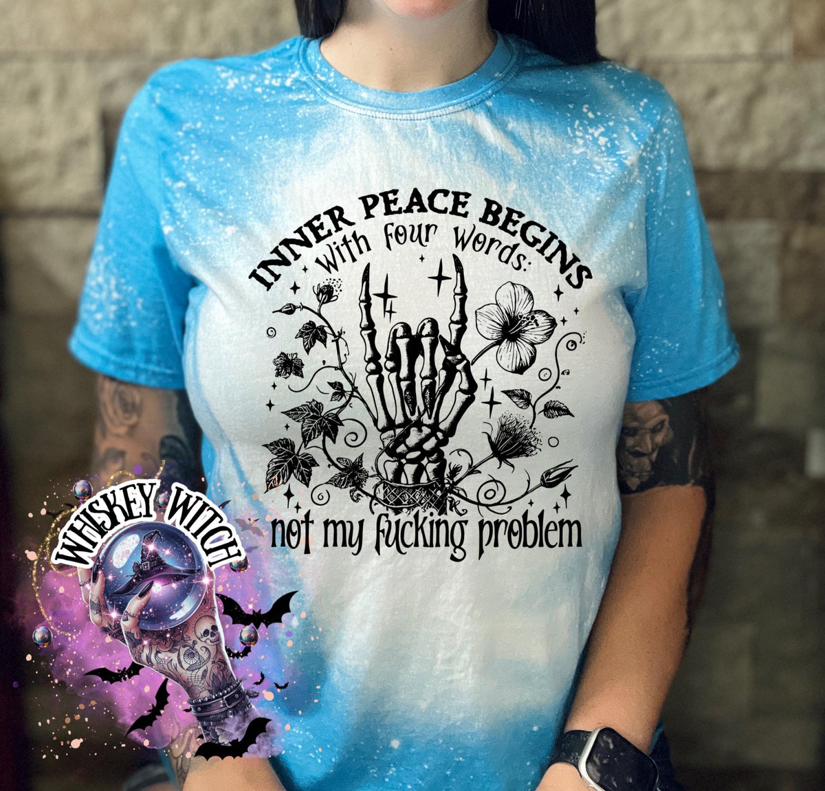 Inner Peace Begins Not My Problem Shirt, Bleached Sublimation Tee, Witchy Skeleton Hand Graphic, Funny Sarcastic Goth Shirt, Gildan Bleached