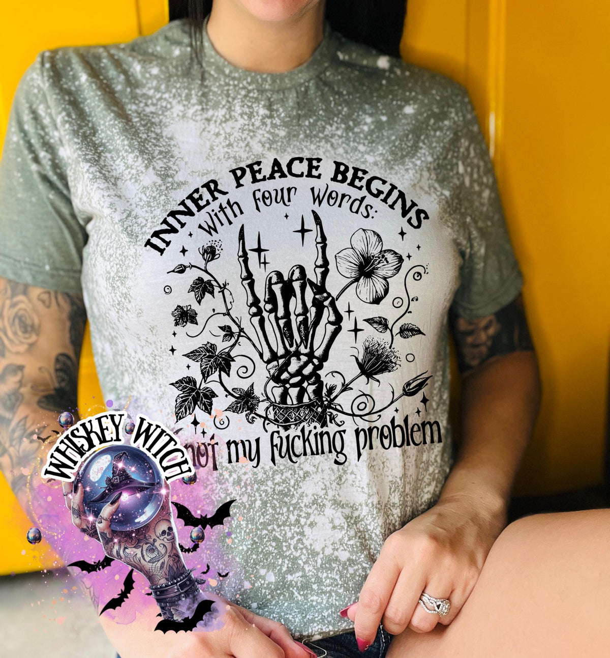 Inner Peace Begins Not My Problem Shirt, Bleached Sublimation Tee, Witchy Skeleton Hand Graphic, Funny Sarcastic Goth Shirt, Gildan Bleached