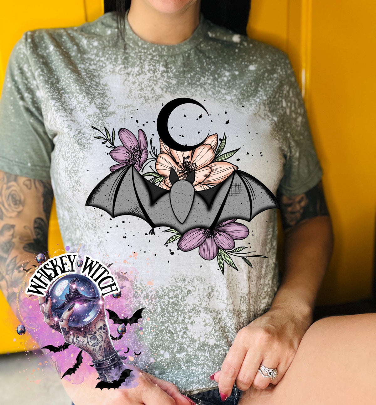 Floral Bat Bleached T-Shirt, Gothic Botanical Moon Tee, Witchy Top