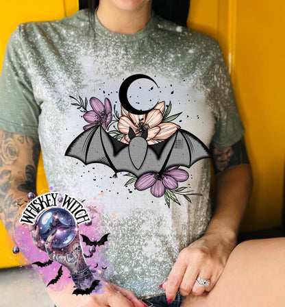 Floral Bat Bleached T-Shirt, Gothic Botanical Moon Tee, Witchy Top