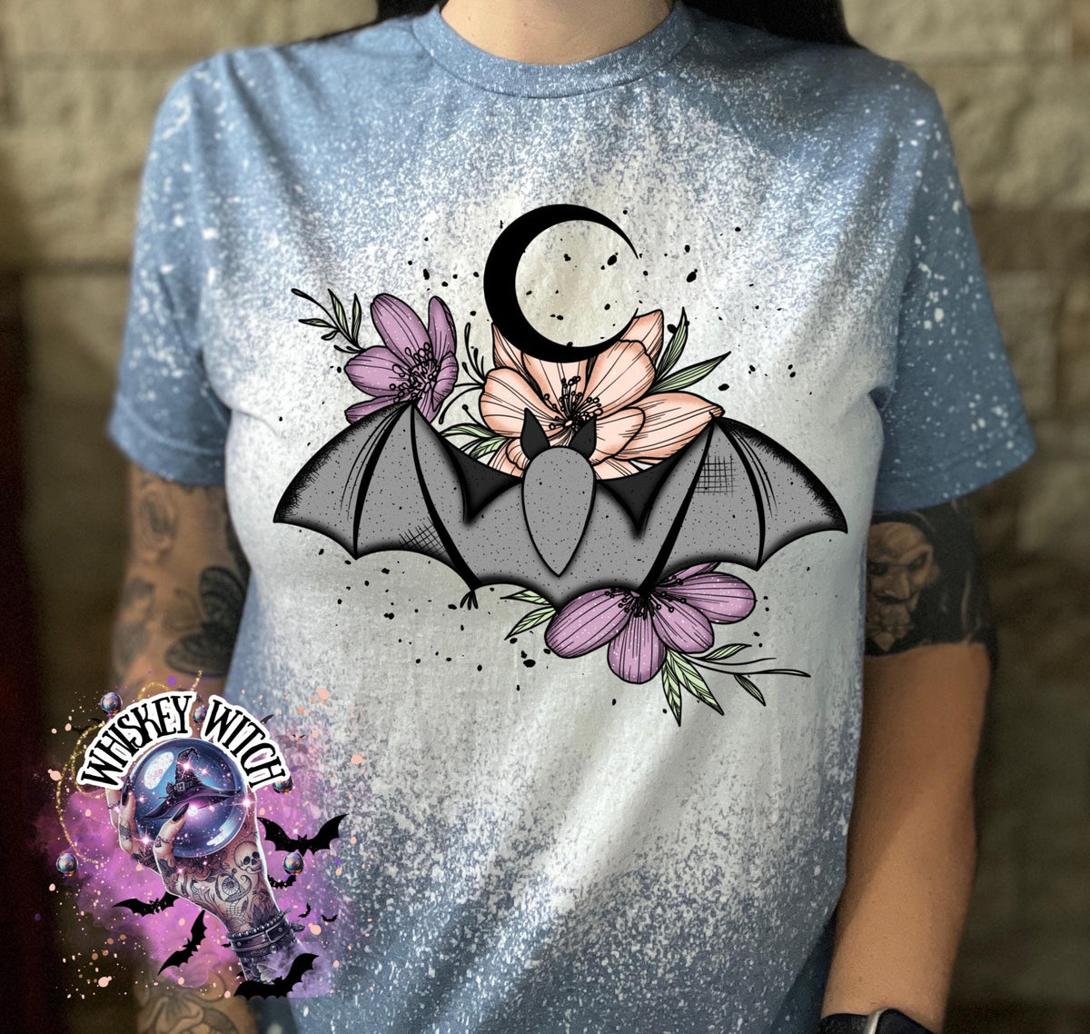 Floral Bat Bleached T-Shirt, Gothic Botanical Moon Tee, Witchy Top