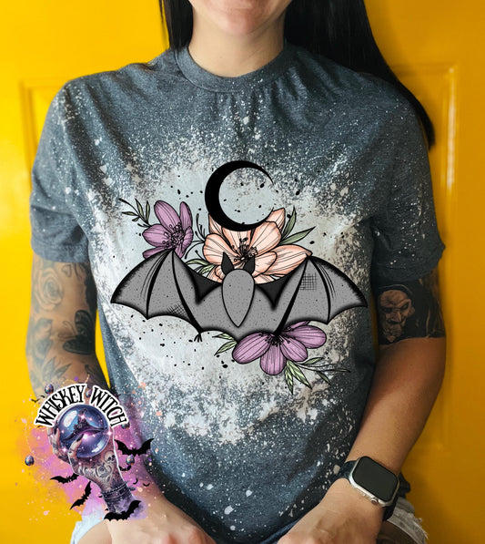 Floral Bat Bleached T-Shirt, Gothic Botanical Moon Tee, Witchy Top