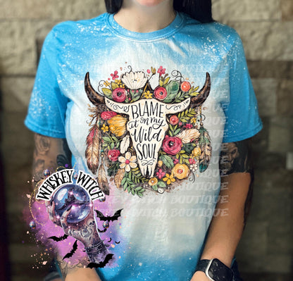 Floral Cow Skull Shirt, Boho Western Graphic Tee, Blame It On My Wild Soul