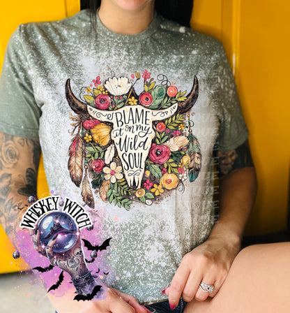 Floral Cow Skull Shirt, Boho Western Graphic Tee, Blame It On My Wild Soul
