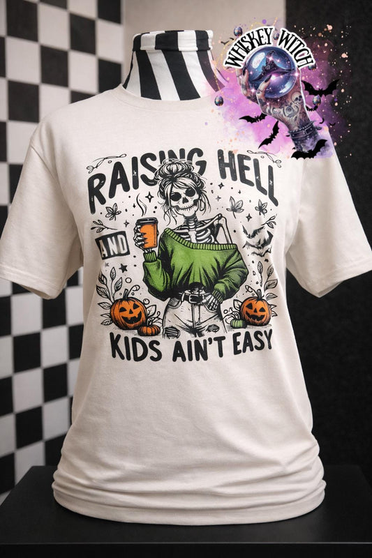 Raising Hell and Kids Ain’t Easy skeleton mom funny Vintage halloween T Shirt, spooky Graphic Tee, Spooky Humor Shirt, retro Aesthetic Top