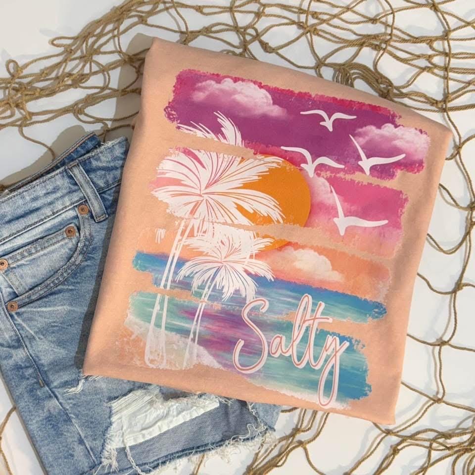 Salty Beach T-Shirt, Pastel Coastal Graphic for Summer Vacation, girls trip shirt
