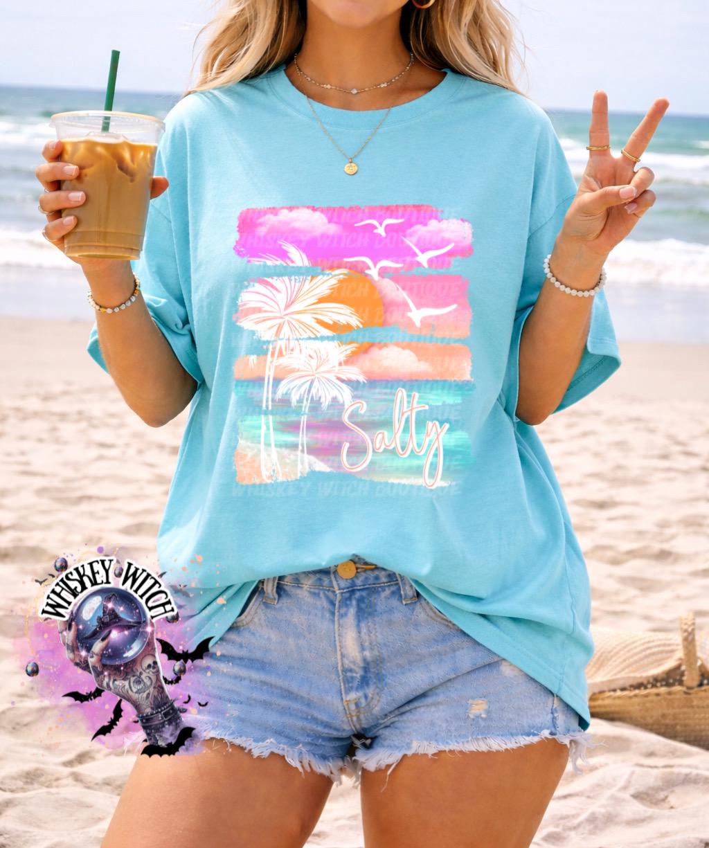 Salty Beach T-Shirt, Pastel Coastal Graphic for Summer Vacation, girls trip shirt
