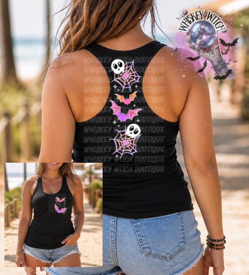 Spooky Summer Tank Top, Black Racerback Bat Ghost Graphic Shirt for Women summer ween