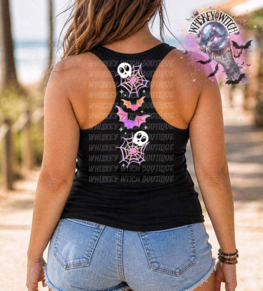 Spooky Summer Tank Top, Black Racerback Bat Ghost Graphic Shirt for Women summer ween