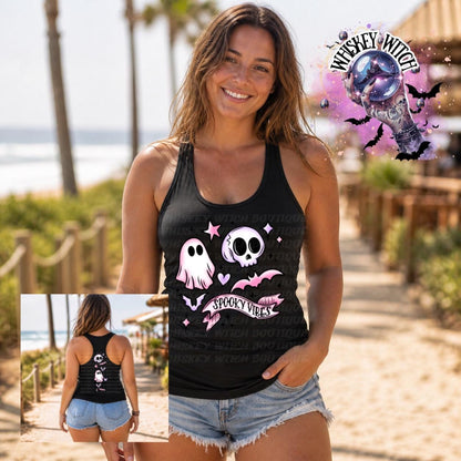 Spooky Summer Tank Top, Bat Ghost Graphic Racerback Shirt