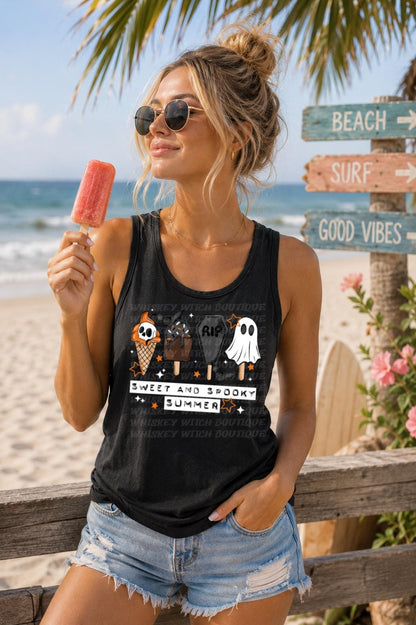 Spooky Summer Tank Top, Ghost Ice Cream Beach Shirt for Women