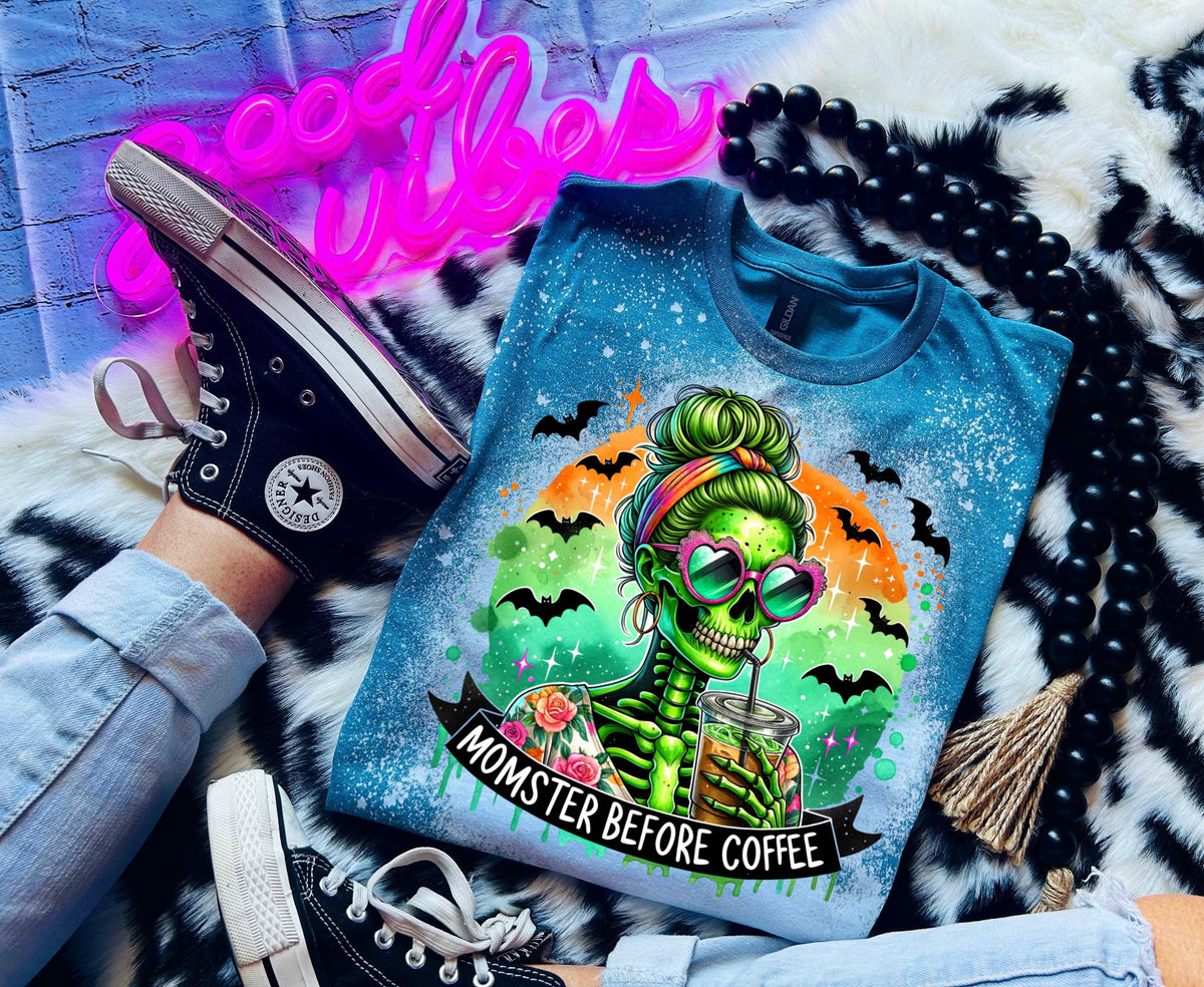 Momster Coffee skeleton bleached tee | vintage | retro | funny shirt | Halloween | snarky | goth | custom | mom | summer | soft tee