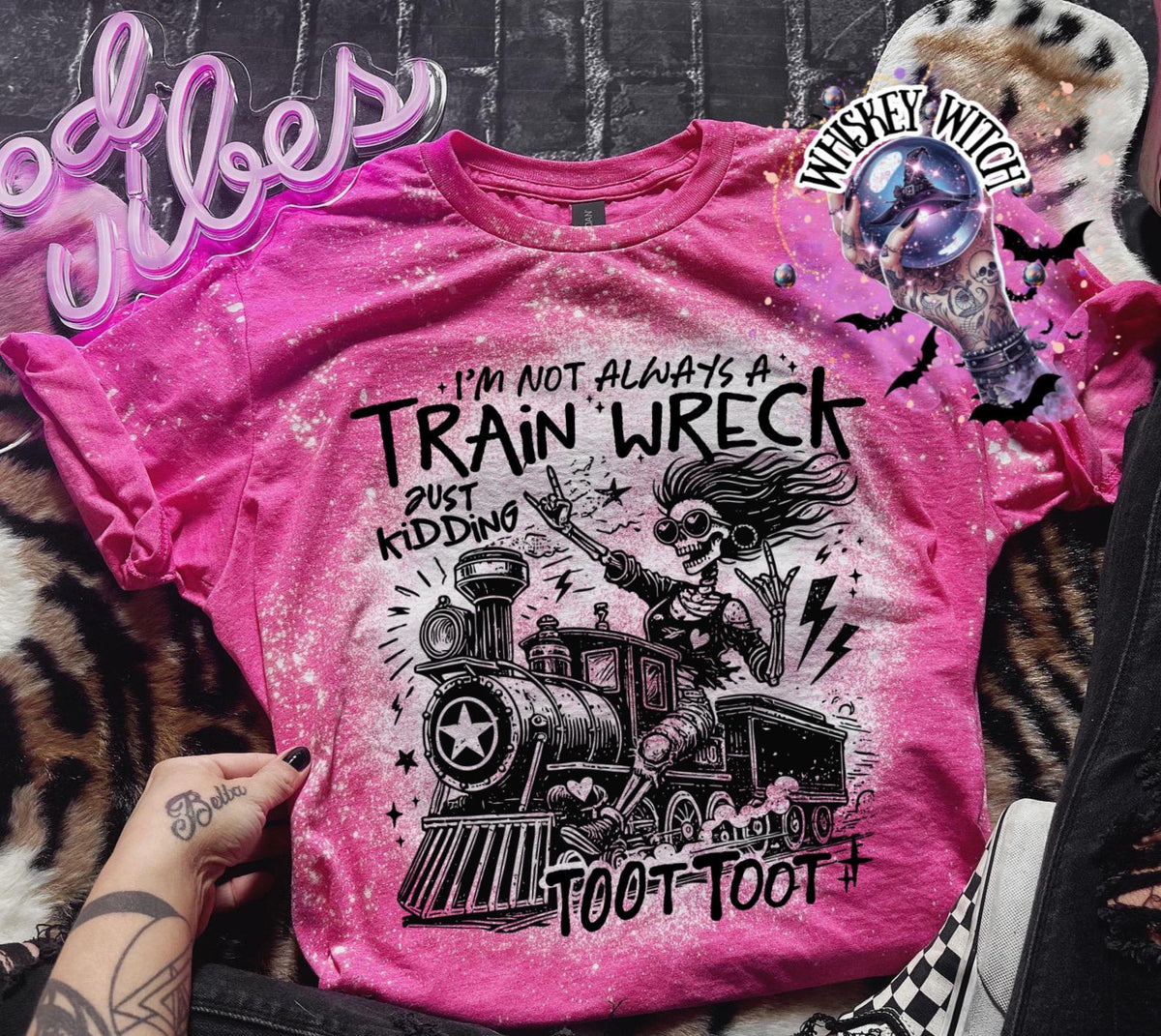 Bleached handmade graphic T-shirt with funny train wreck skeleton design and black text that says I’m not always a train wreck just kidding toot toot.