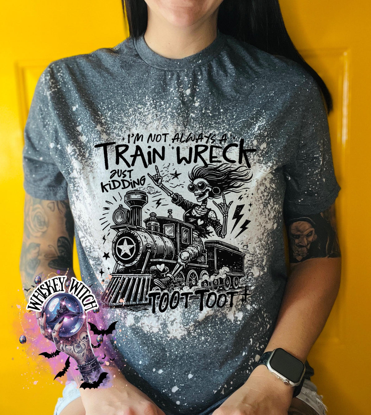 Bleached handmade graphic T-shirt with funny train wreck skeleton design and black text that says I’m not always a train wreck just kidding toot toot.