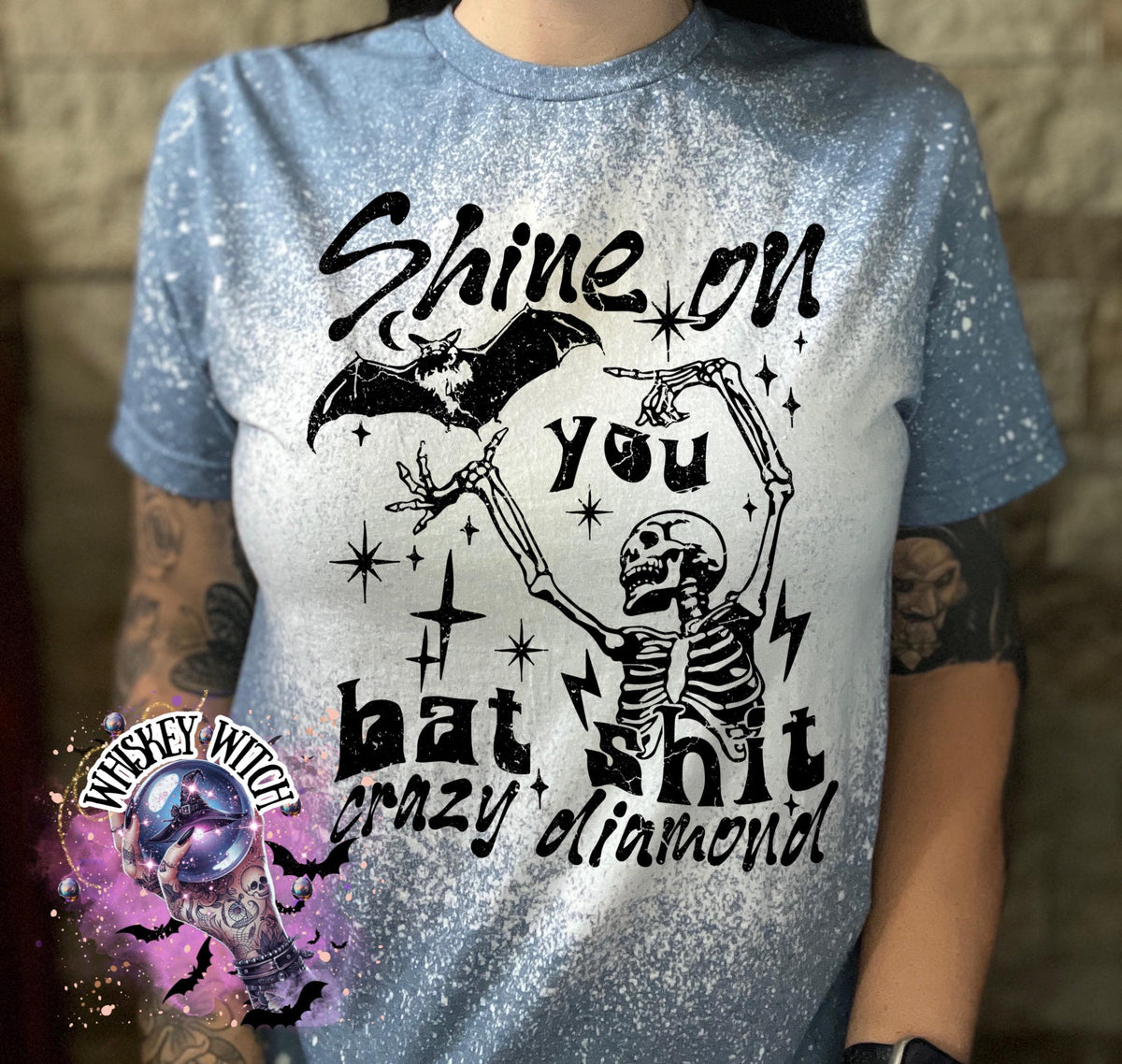 Handmade funny bat shirt with skeleton graphic, bat artwork, stars, and sarcastic bat shit crazy diamond quote.