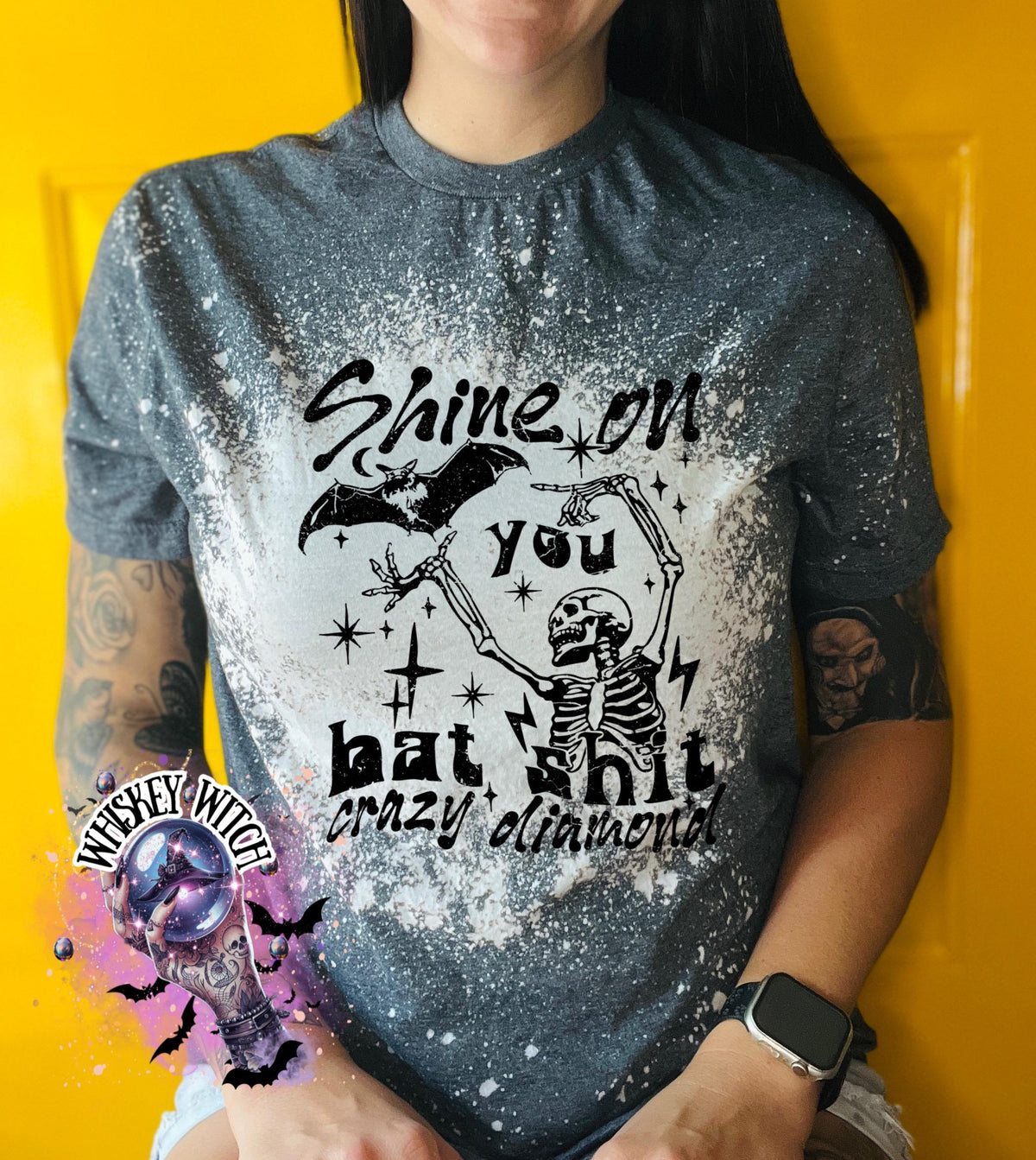 Handmade funny bat shirt with skeleton graphic, bat artwork, stars, and sarcastic bat shit crazy diamond quote.