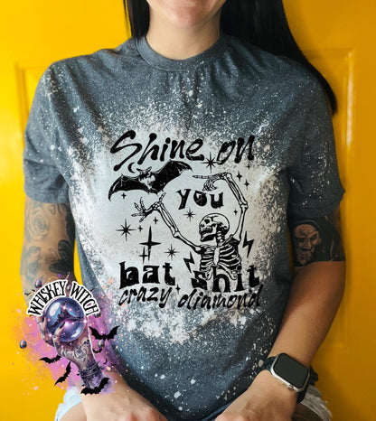 Handmade funny bat shirt with skeleton graphic, bat artwork, stars, and sarcastic bat shit crazy diamond quote.