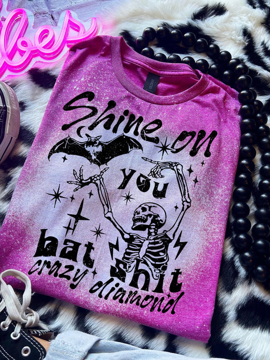 Handmade funny bat shirt with skeleton graphic, bat artwork, stars, and sarcastic bat shit crazy diamond quote.