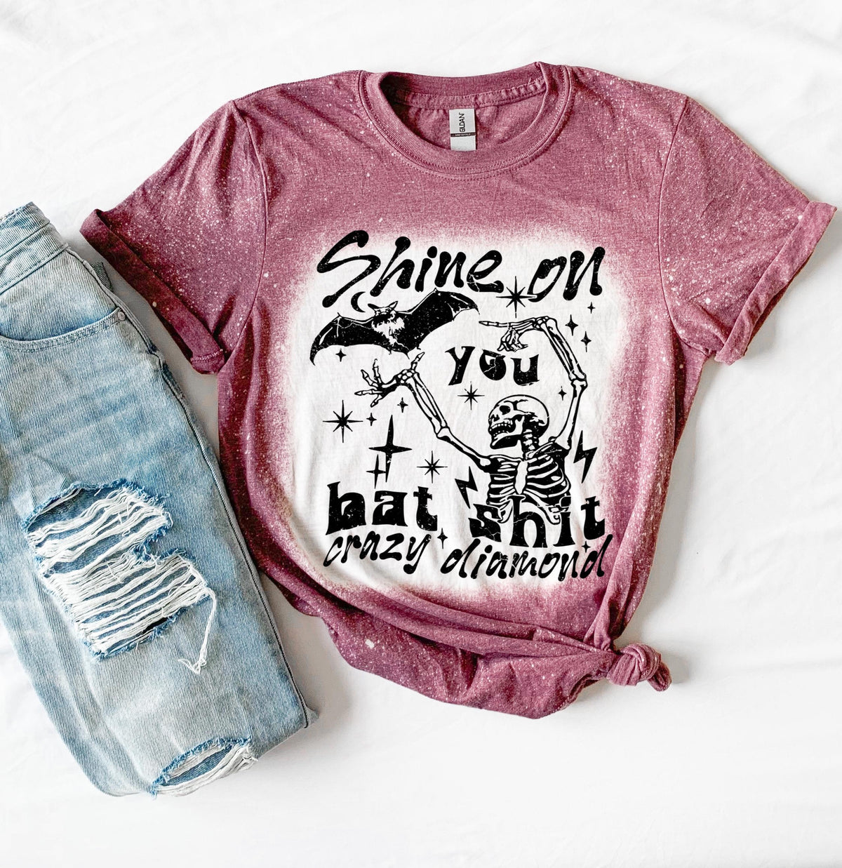 Handmade funny bat shirt with skeleton graphic, bat artwork, stars, and sarcastic bat shit crazy diamond quote.